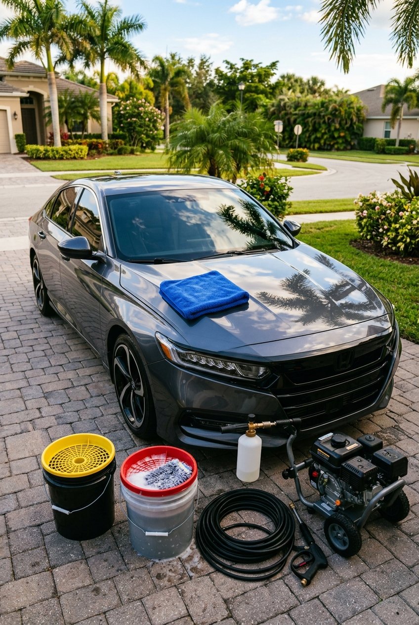 Mobile detailing setup — buckets, foam cannon and microfiber towel beside a mirror-glossy sedan in a Winter Park driveway